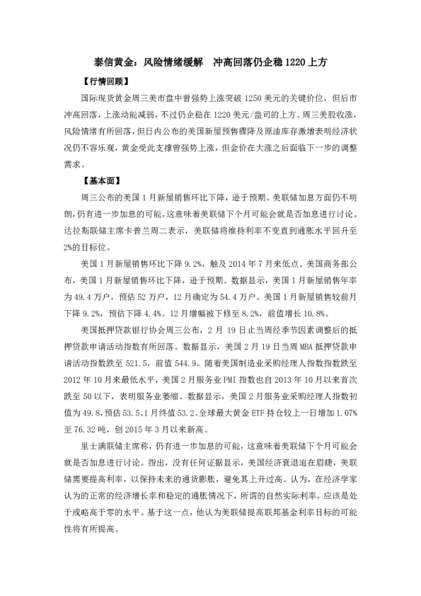 风险情绪缓解 冲高回落仍企稳1220上方