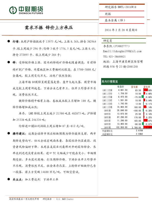 基本金属（锌）周报：需求不振，锌价上方承压