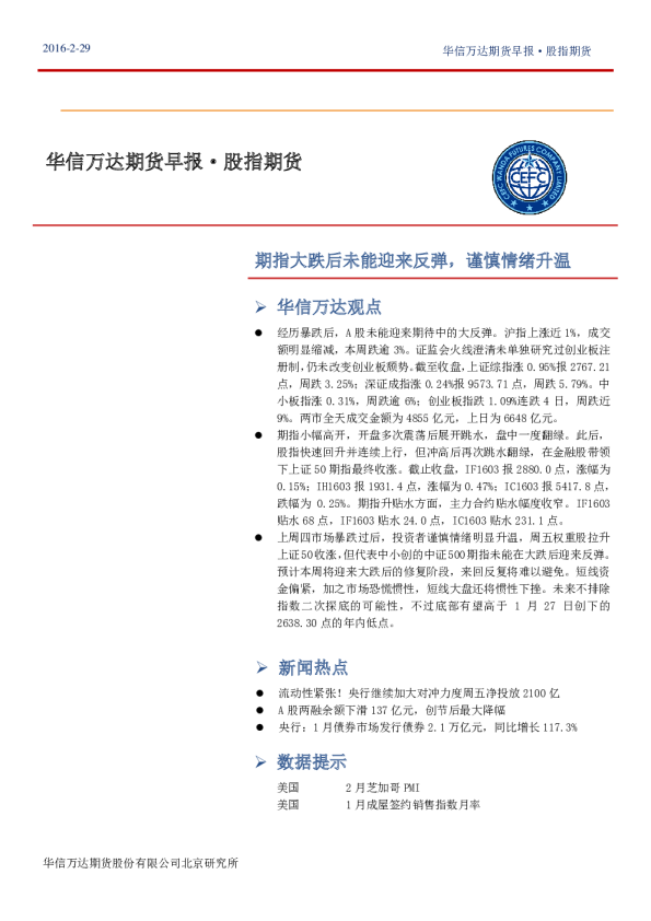 股指期货早报：股指大跌后未能迎来反弹，谨慎情绪升温