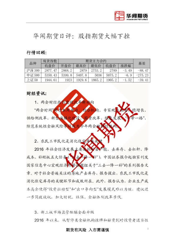 日评：股指期货大幅下挫