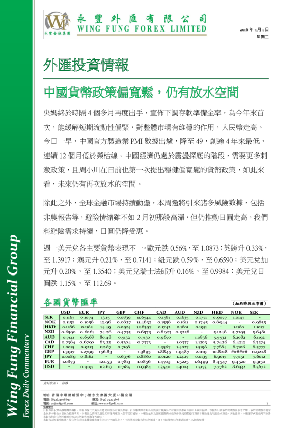 外汇投资情报：中国货币政策偏宽松，仍有放水空间