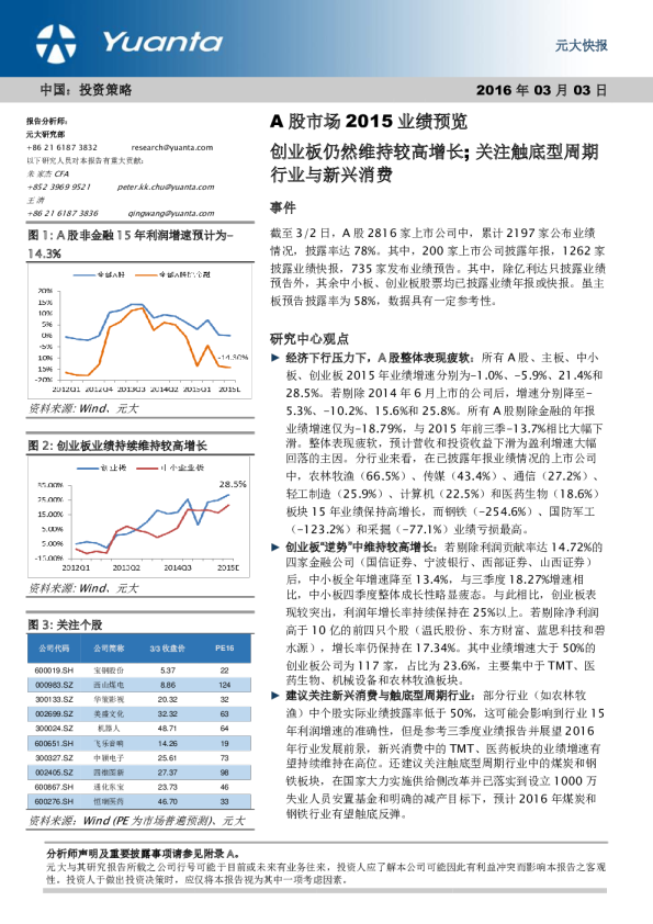 A股市场2015业绩预览：创业板仍然维持较高增长；关注触底型周期行业与新兴消费