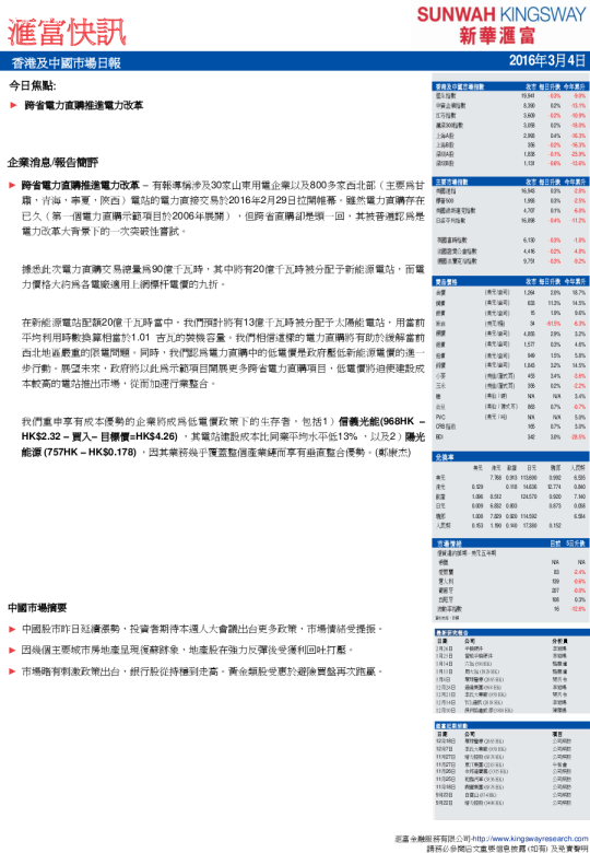 香港及中国市场日报