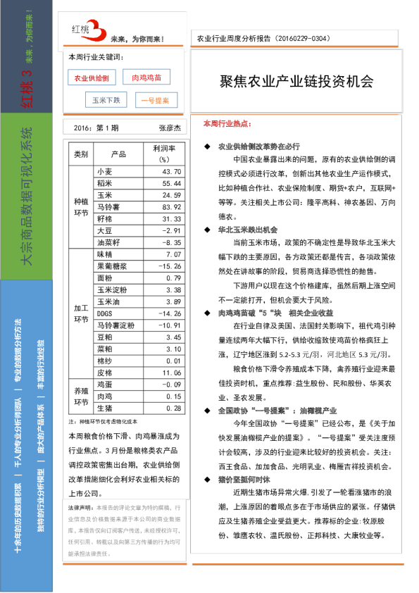 农业行业周度分析报告：聚焦农业产业链投资机会