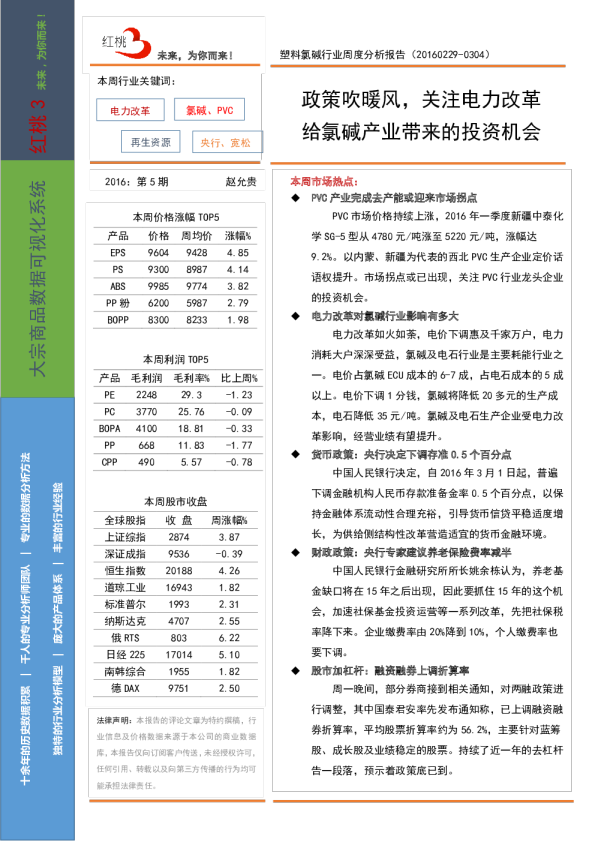 塑料氯碱行业周度分析报告（20160229~0304）：政策吹暖风，关注塑料氯碱行业投资机会