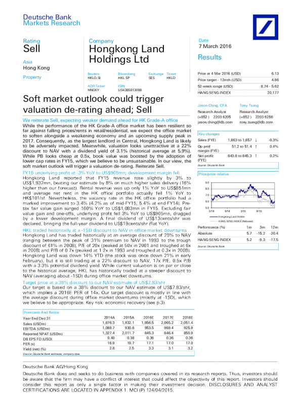 HONGKONG LAND HOLDINGS LTD(HKLD.SI)：SOFT MARKET OUTLOOK COULD TRIGGER