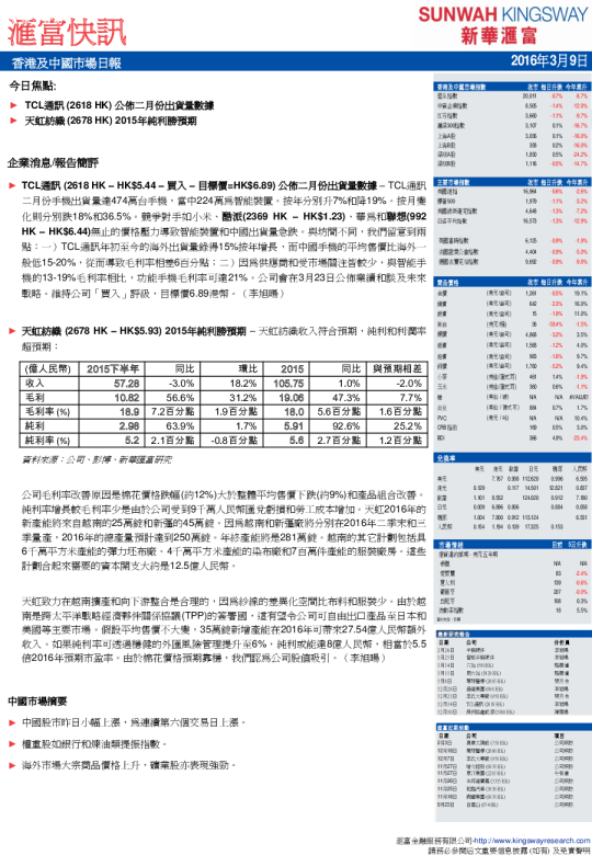 香港及中国市场日报