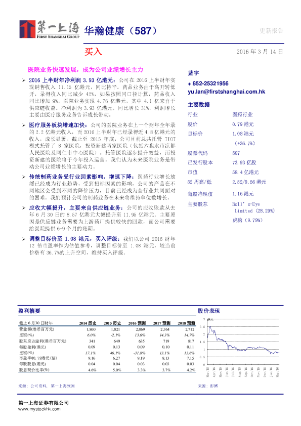 医院业务快速发展，成为公司业绩增长主力