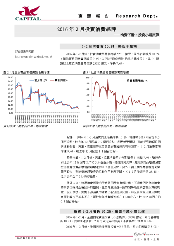 2016年2月份投资消费综评：消费下滑，投资小幅反弹