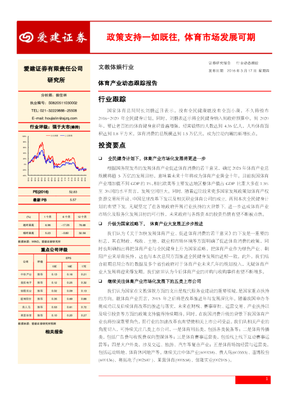 体育产业动态跟踪报告：政策支持一如既往，体育市场发展可期