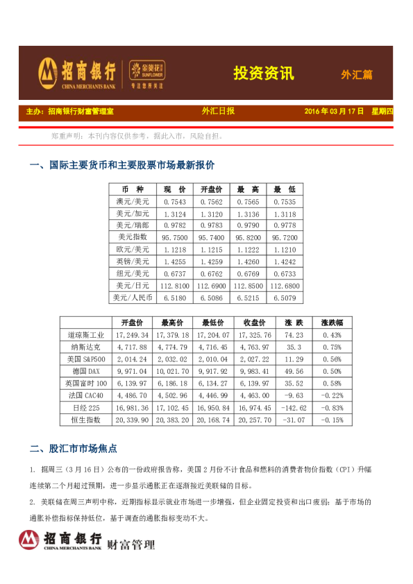 投资资讯：外汇日报：外汇篇