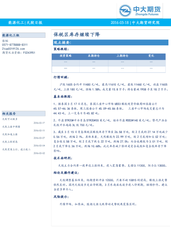 天胶日报：保税区库存继续下降
