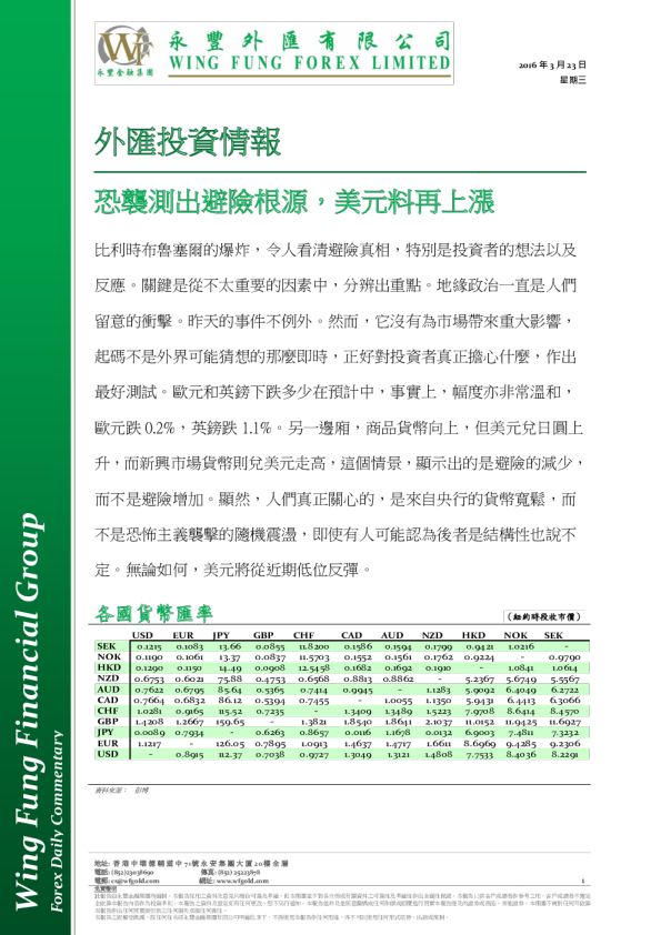 外汇投资情报：恐袭测出避险根源，美元料再上涨