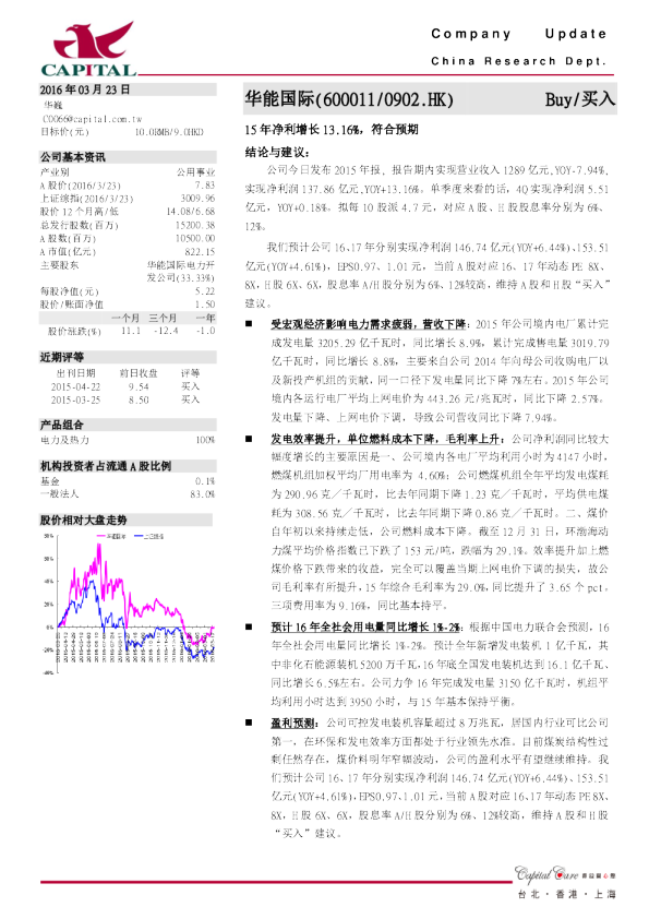 15年净利增长13.16%，符合预期
