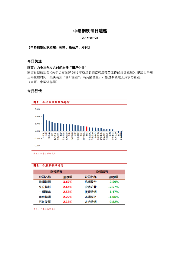 中泰证券钢铁每日速递