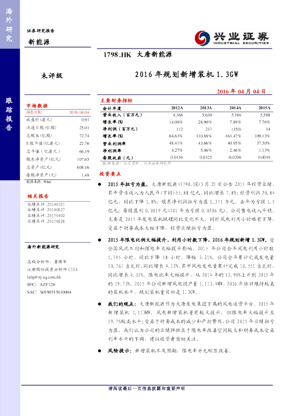 2016年规划新增装机1.3GW