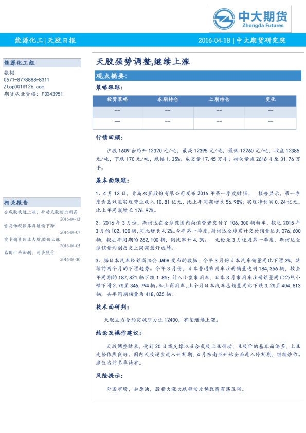 天胶日报：天胶强势调整，继续上涨