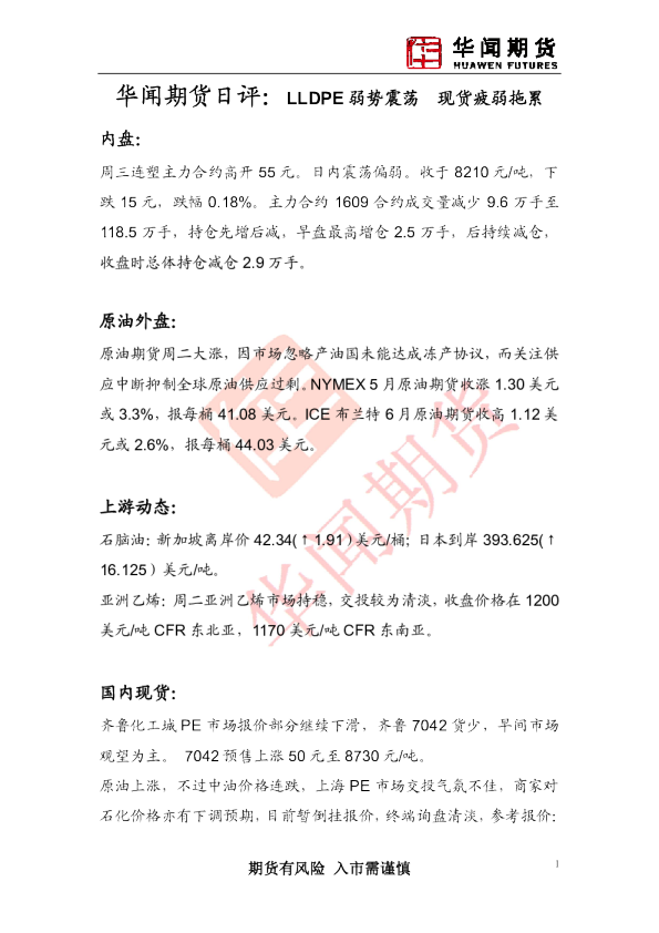 日评：LLDPE弱势震荡 现货疲弱拖累