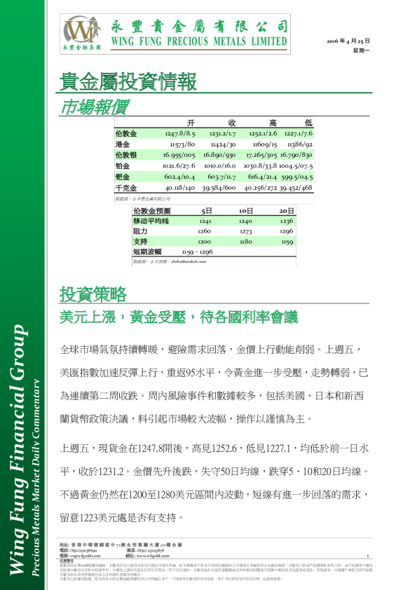 贵金属投资情报：美元上涨，黄金受压，待各国利率会议