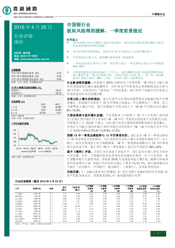 中国银行业：板块风险得到缓解,一季度前景稳定：