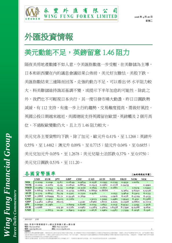 外汇投资情报：美元动能不足，英镑留意1.46 阻力