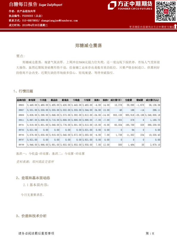 白糖每日报告：郑糖减仓震荡