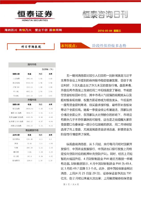 恒泰咨询日刊：阶段性保持做多态势