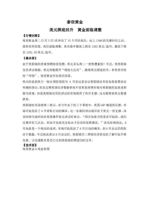 美元探底回升 黄金面临调整