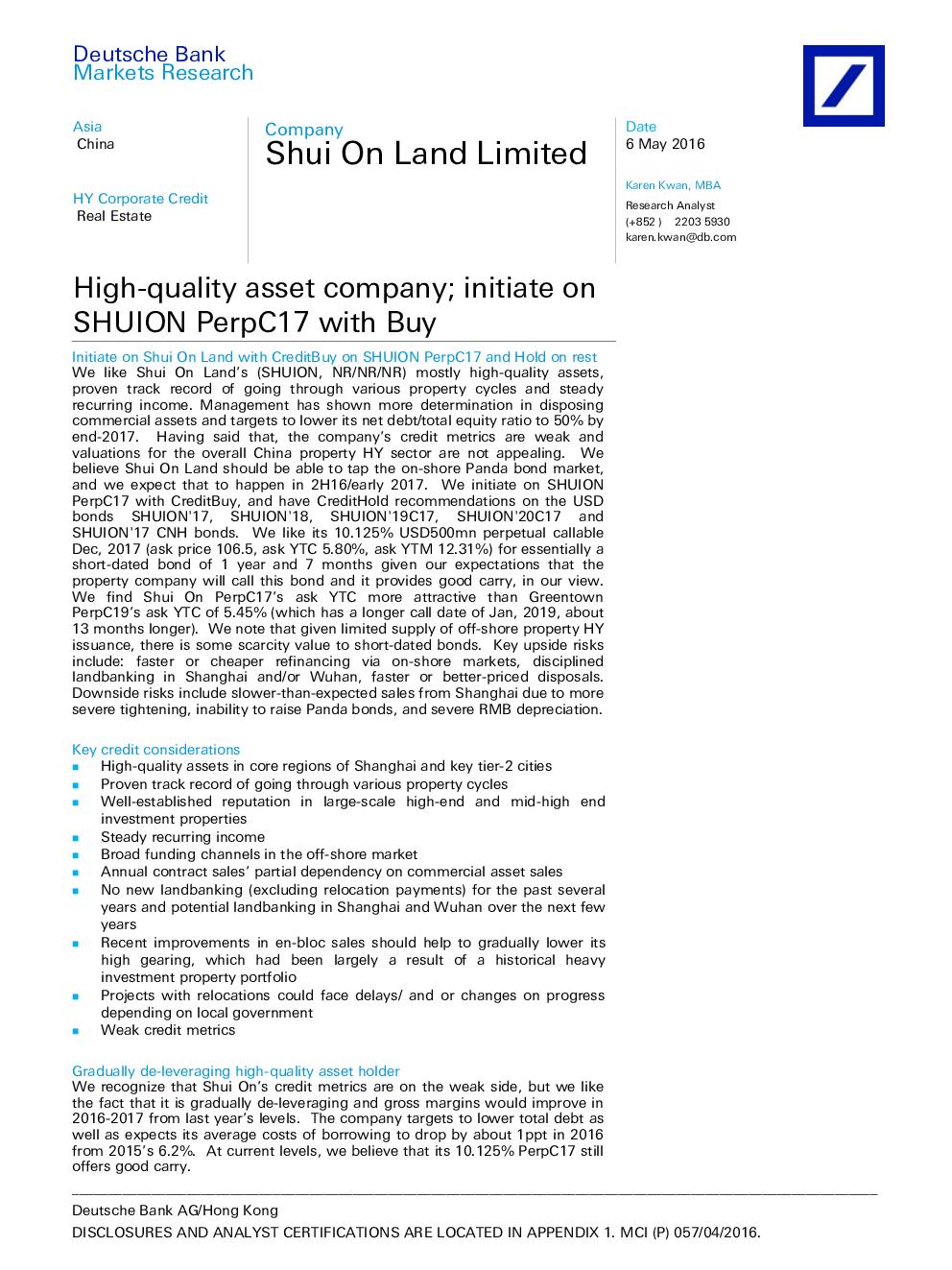 Shui On Land Limited High quality Asset Company Initiate On SHUION PerpC17 With Buy
