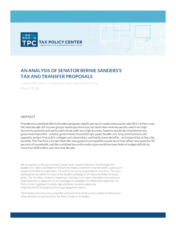 An Analysis of Senator Bernie Sanders's Tax and Transfer Proposals