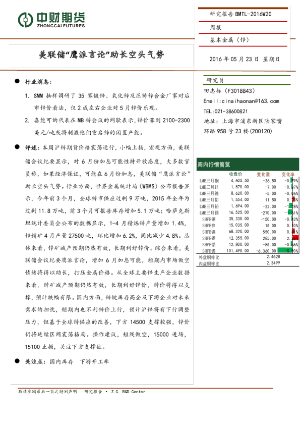 锌周报：美联储“鹰派言论”助长空头气势