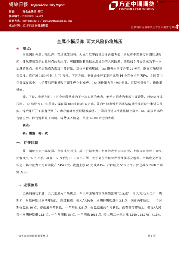 铜锌日报：金属小幅反弹 两大风险仍将施压