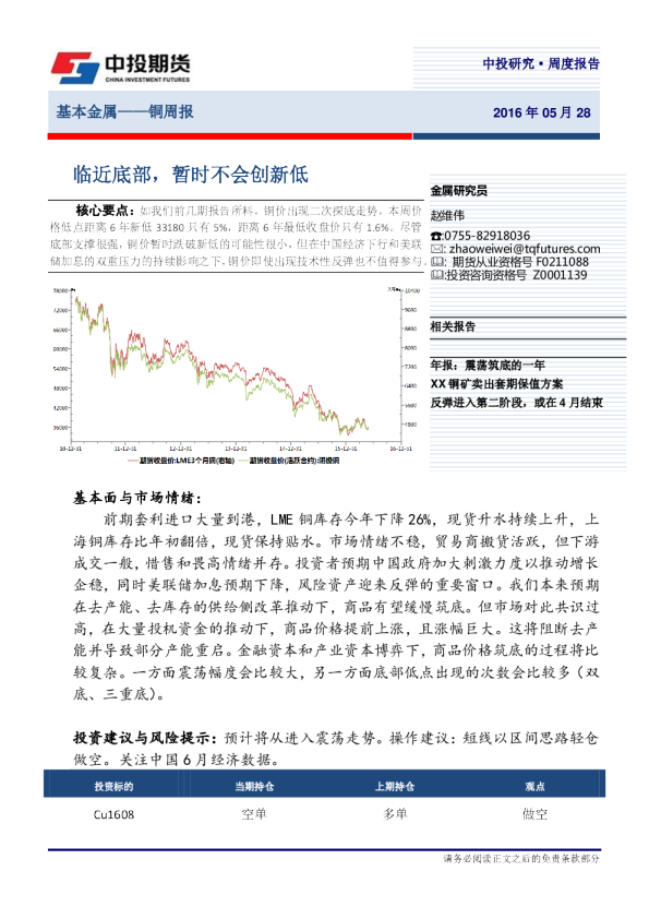 铜周报：临近底部， 暂时不会创新低
