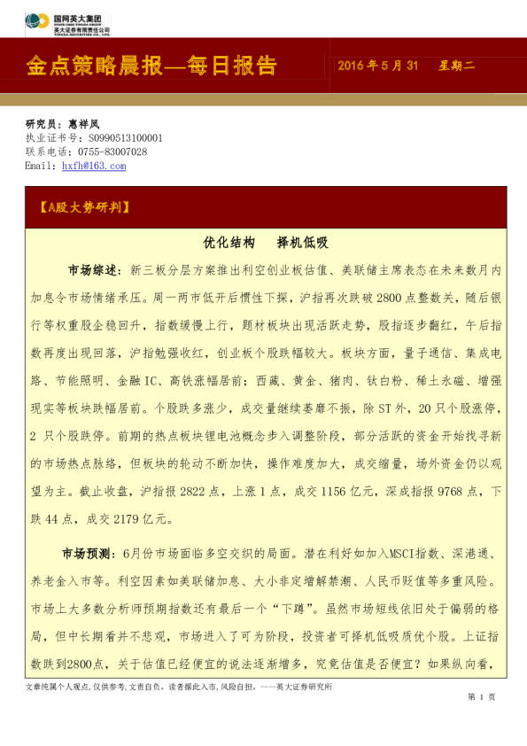 金点策略晨报
