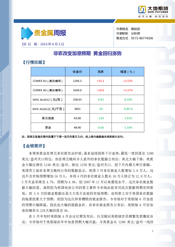 贵金属周报：非农改变加息预期 黄金回归涨势