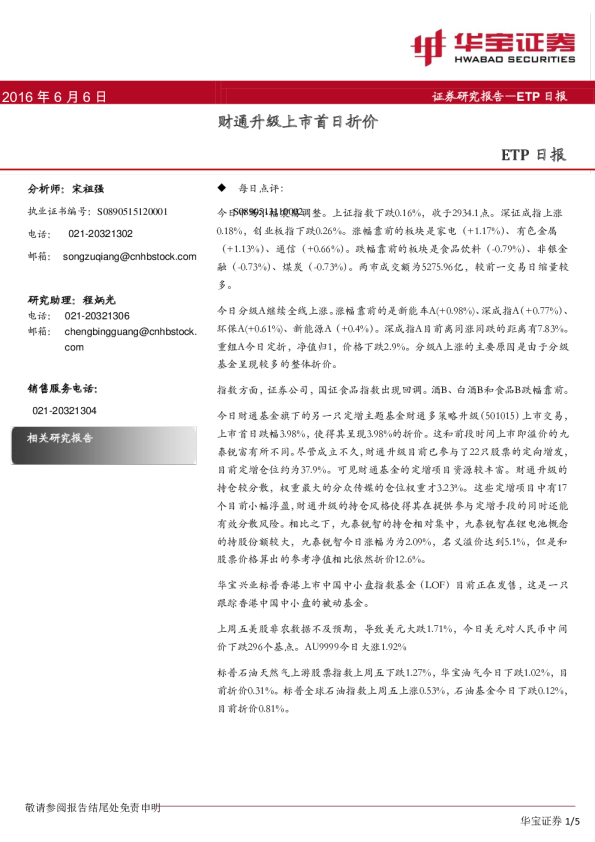 etp日报：财通升级上市首日折价