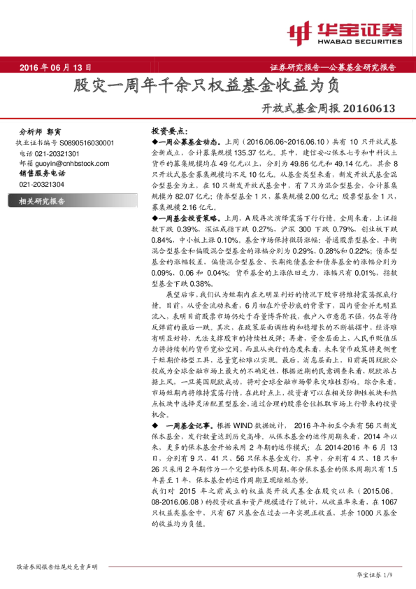 开放式基金周报：股灾一周年千余只权益基金收益为负