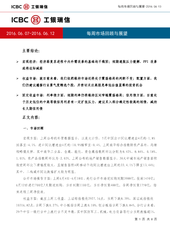 工银瑞信每周市场回顾与展望
