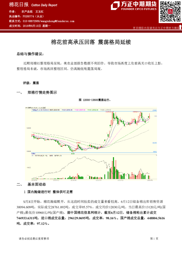 棉花日报：棉花前高承压回落 震荡格局延续