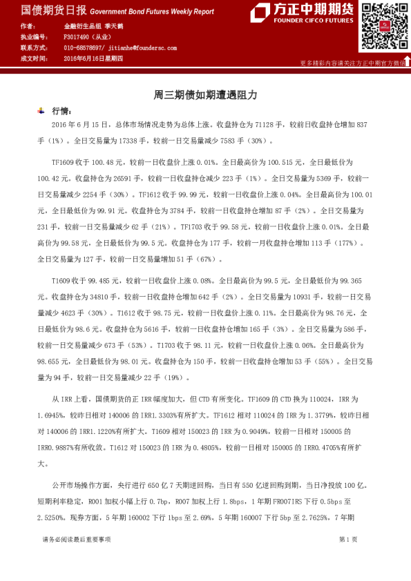 国债期货日报：周三期债如期遭遇阻力