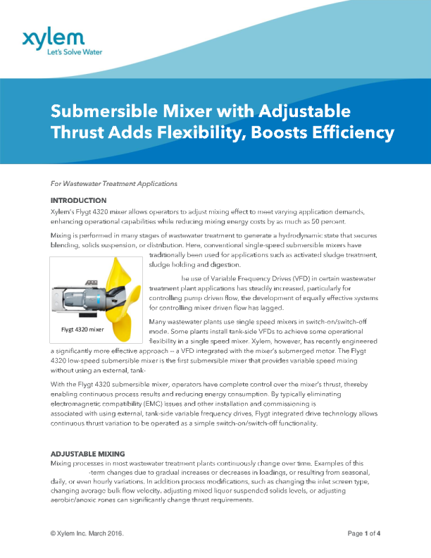 Submersible Mixer with Adjustable Thrust Adds Flexibility, Boosts Efficiency