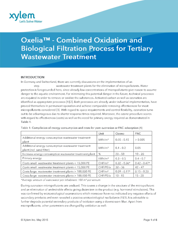 Oxelia - Combined Oxidation and Biological Filtration Process for Tertiary Wastewater Treatment