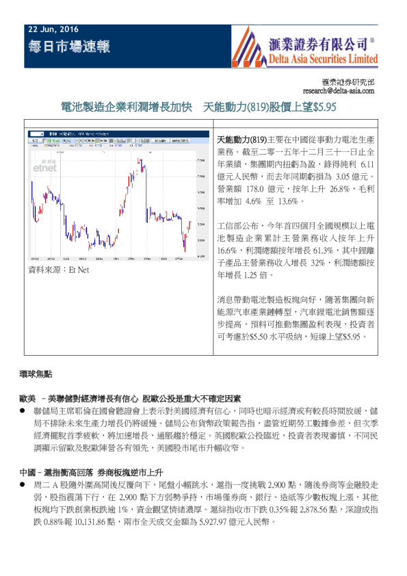 每日市场速报：电池制造企业利润增长加快,天能动力(819)股价上望$5.95