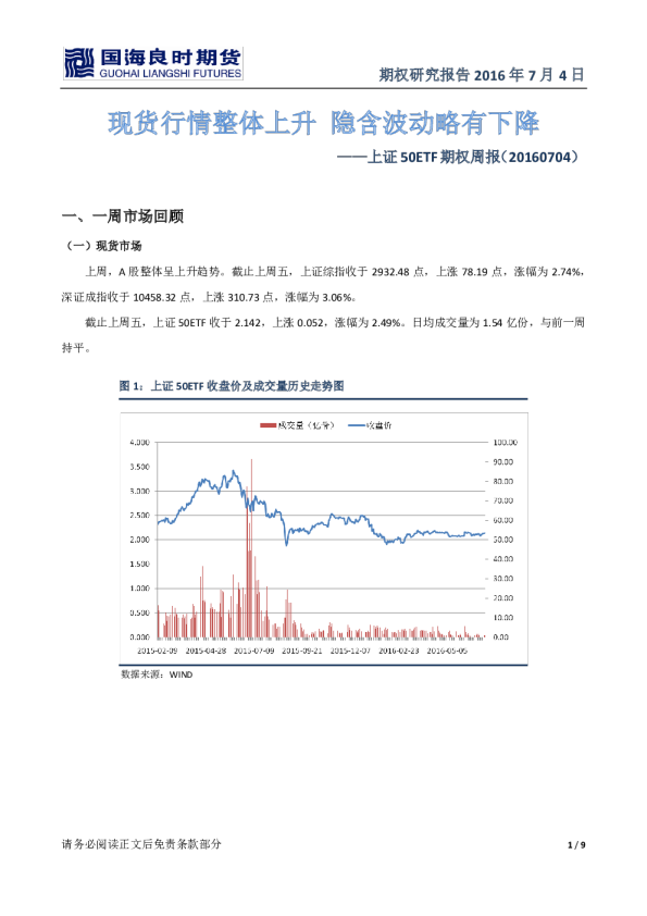 上证50ETF期权周报：现货行情整体上升隐含波动略有下降