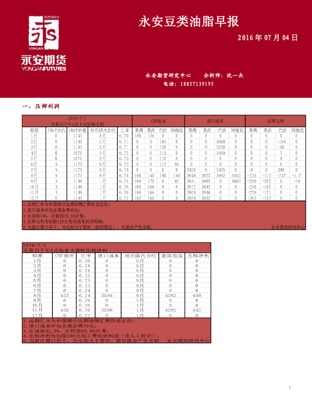 永安期货豆类油脂早报