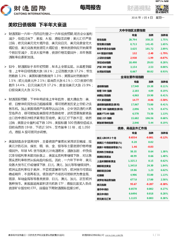 每周报告：美欧日债极限 下半年大衰退