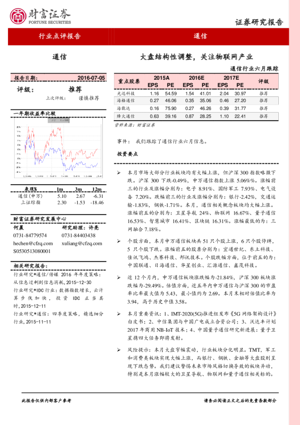 通信行业六月跟踪：大盘结构性调整，关注物联网产业
