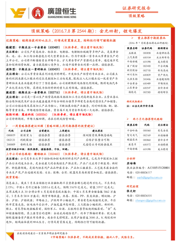 顶级策略（2016.7.8第2544期）：金光四射，锂电爆发