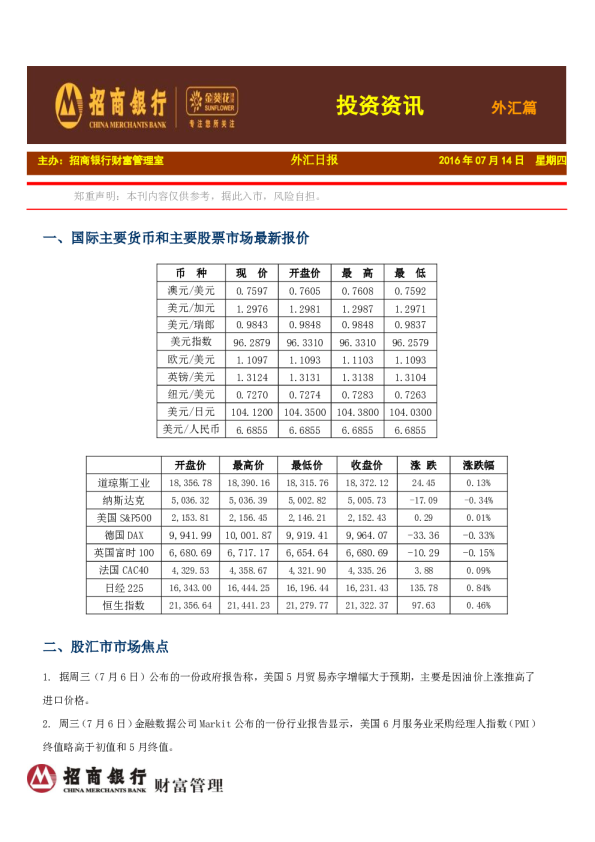 投资资讯：外汇篇