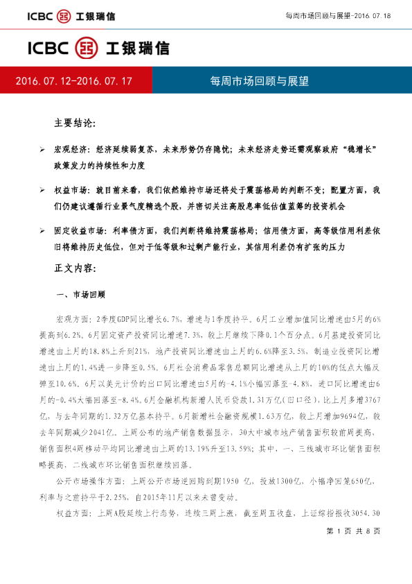 工银瑞信每周市场回顾与展望